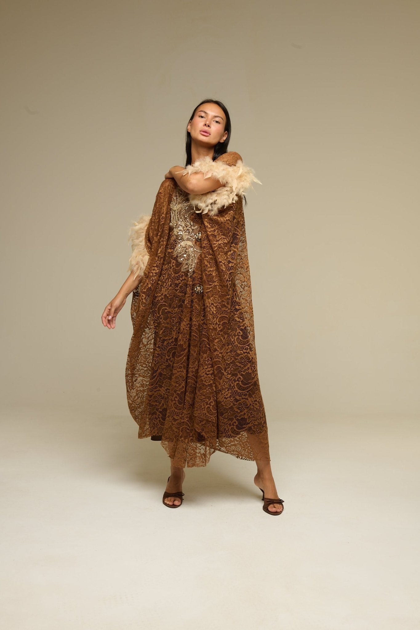 Caftano Pizzo Marrone Belive - 22 Spazio Boutique